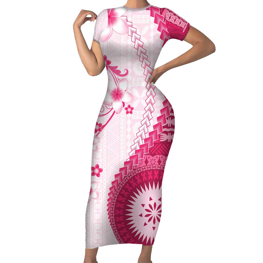 Bula Fiji Short Sleeve Bodycon Dress Pink Plumeria Masi Tapa Pattern - Polynesian Pride