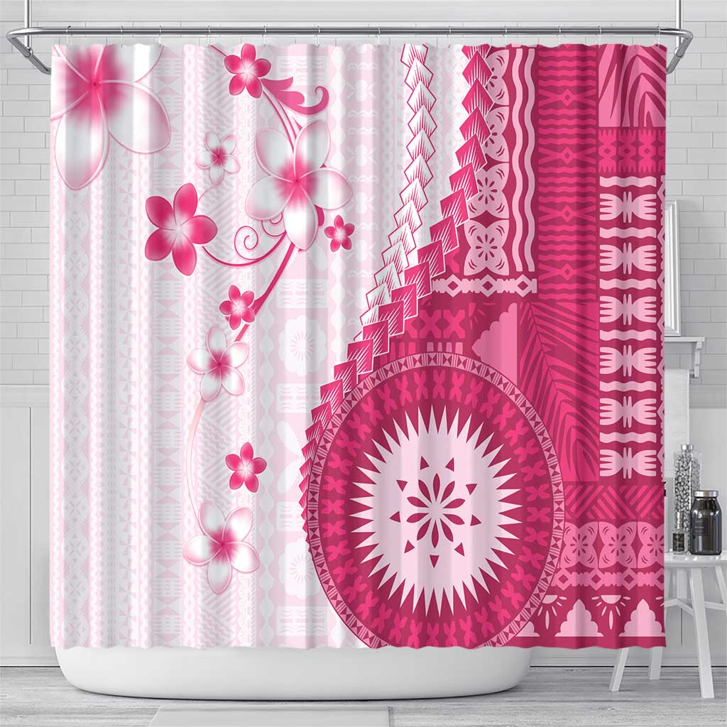 Bula Fiji Shower Curtain Pink Plumeria Masi Tapa Pattern - Polynesian Pride