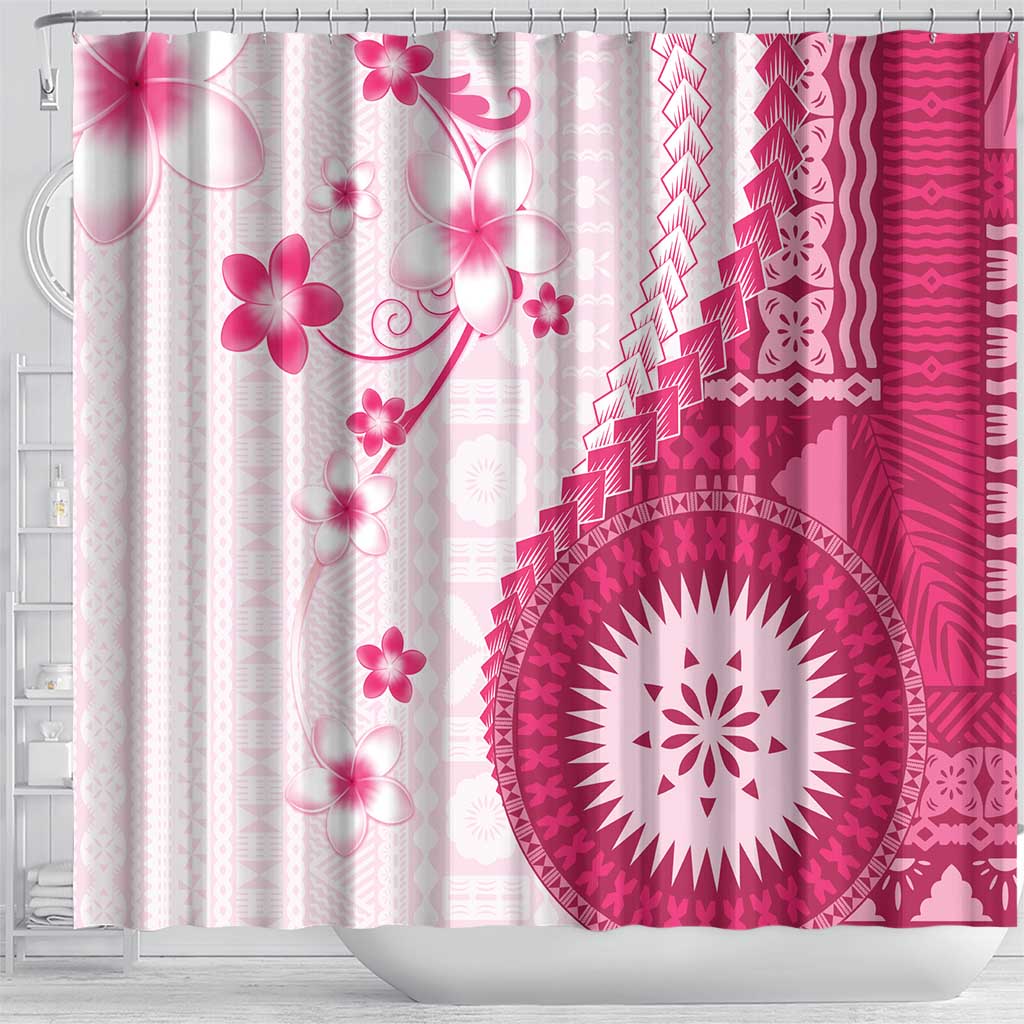 Bula Fiji Shower Curtain Pink Plumeria Masi Tapa Pattern - Polynesian Pride