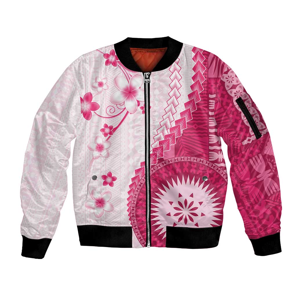 Bula Fiji Sleeve Zip Bomber Jacket Pink Plumeria Masi Tapa Pattern - Polynesian Pride