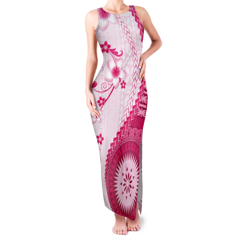Bula Fiji Tank Maxi Dress Pink Plumeria Masi Tapa Pattern - Polynesian Pride