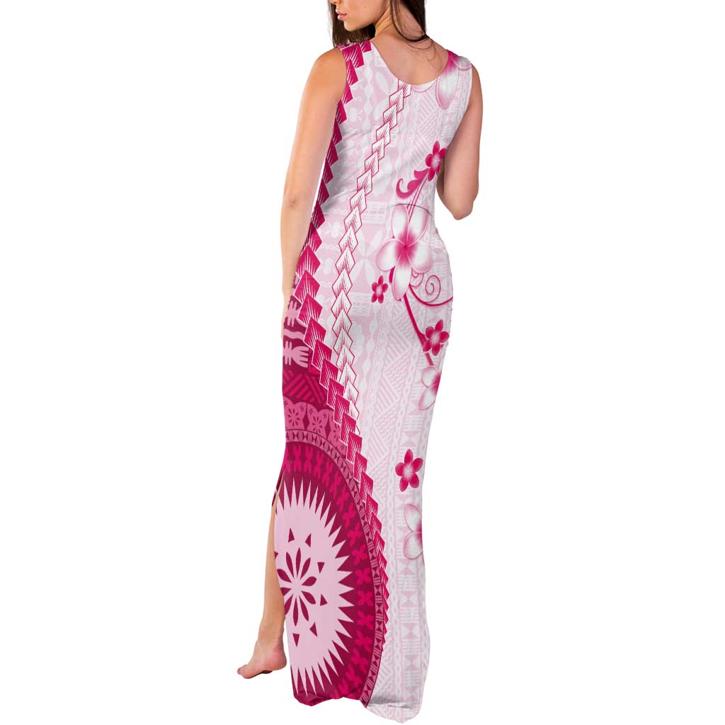 Bula Fiji Tank Maxi Dress Pink Plumeria Masi Tapa Pattern - Polynesian Pride