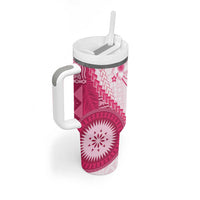 Bula Fiji Tumbler With Handle Pink Plumeria Masi Tapa Pattern - Polynesian Pride