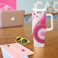 Bula Fiji Tumbler With Handle Pink Plumeria Masi Tapa Pattern - Polynesian Pride