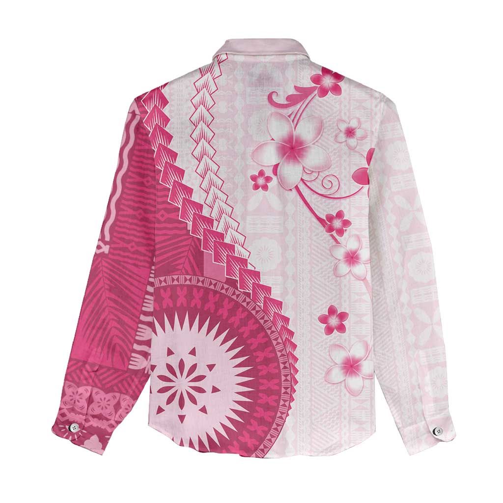 Bula Fiji Women Casual Shirt Pink Plumeria Masi Tapa Pattern - Polynesian Pride
