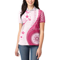 Bula Fiji Women Polo Shirt Pink Plumeria Masi Tapa Pattern - Polynesian Pride