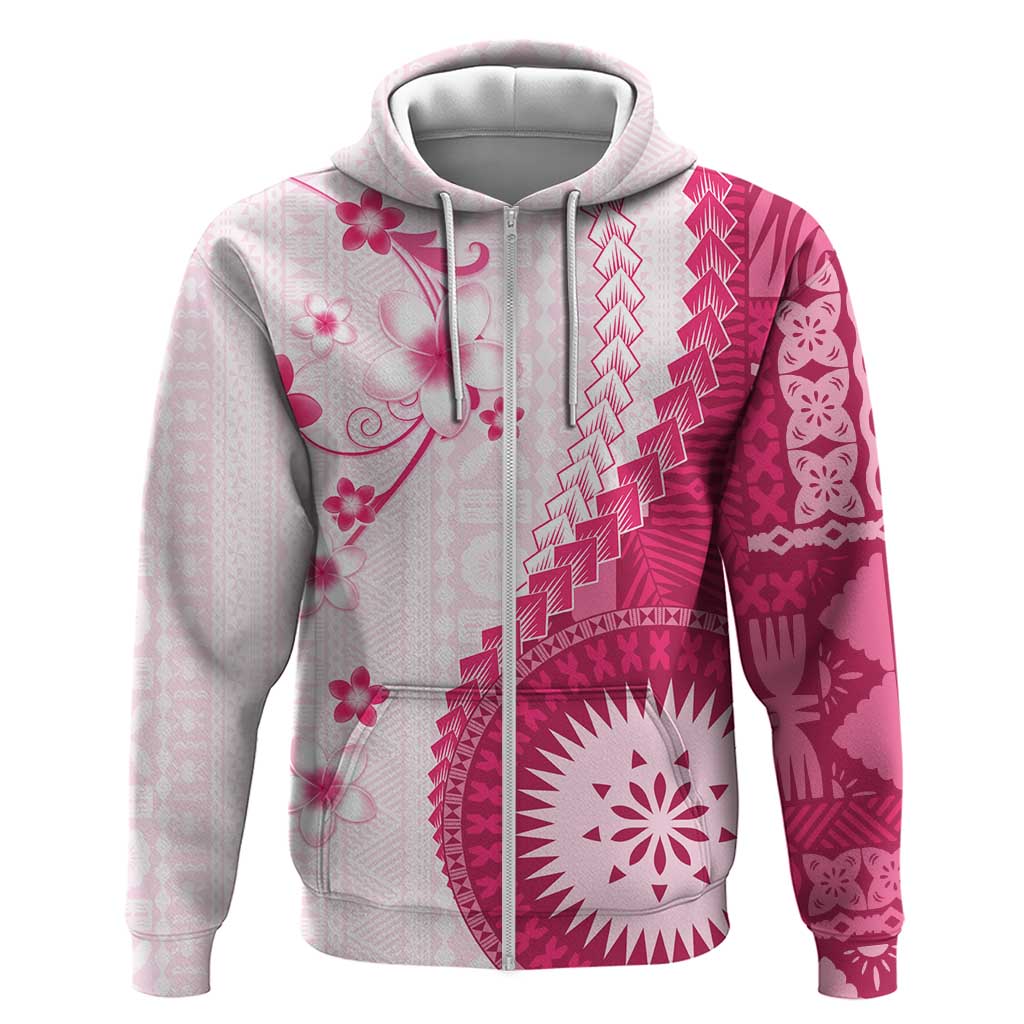 Bula Fiji Zip Hoodie Pink Plumeria Masi Tapa Pattern - Polynesian Pride