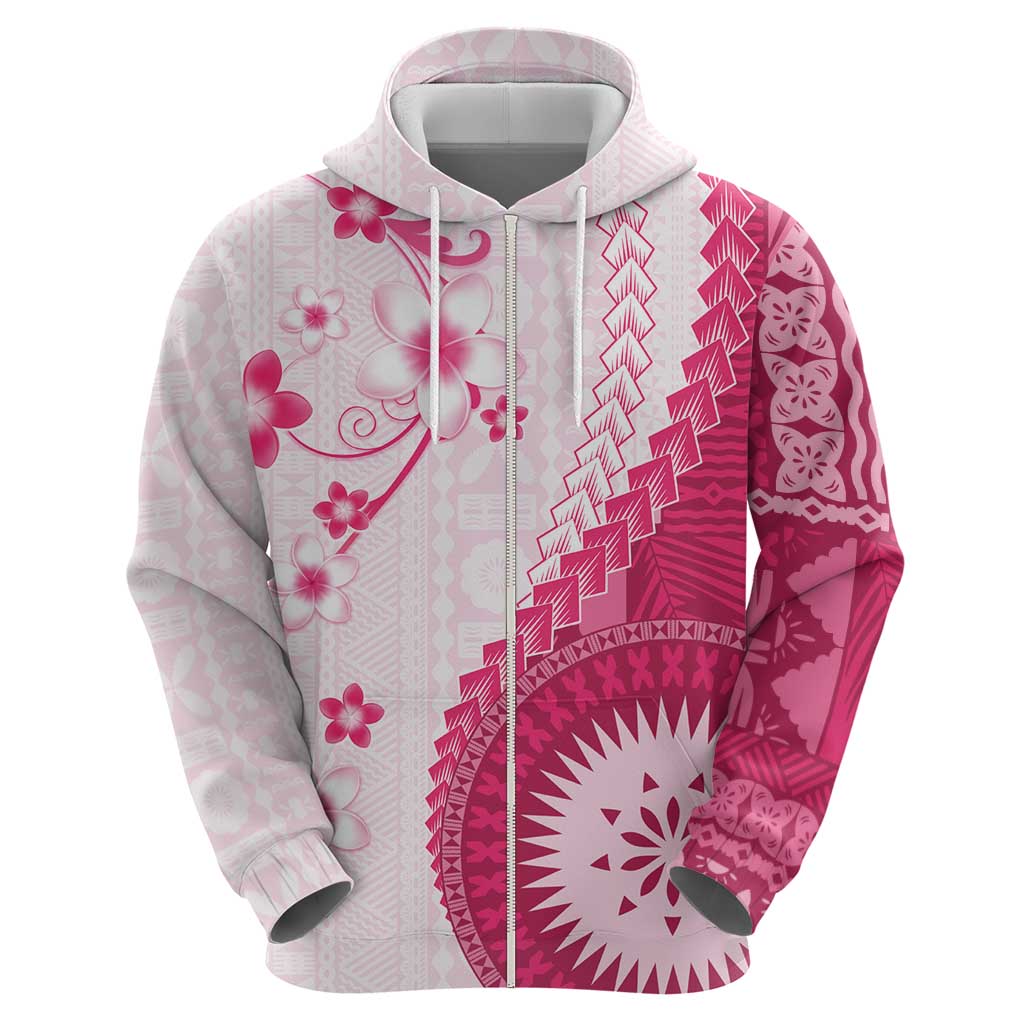 Bula Fiji Zip Hoodie Pink Plumeria Masi Tapa Pattern - Polynesian Pride
