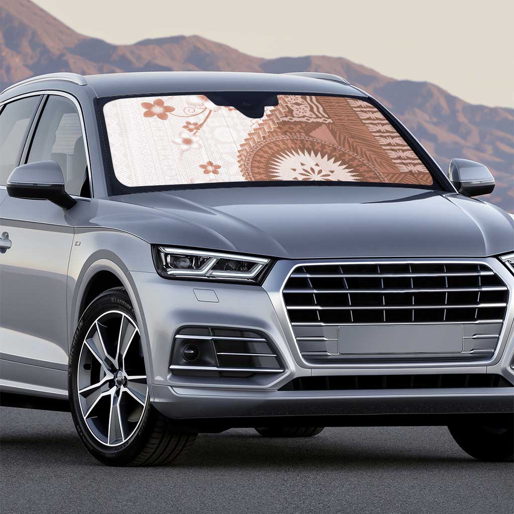 Bula Fiji Auto Sun Shade Brown Plumeria Masi Tapa Pattern - Polynesian Pride