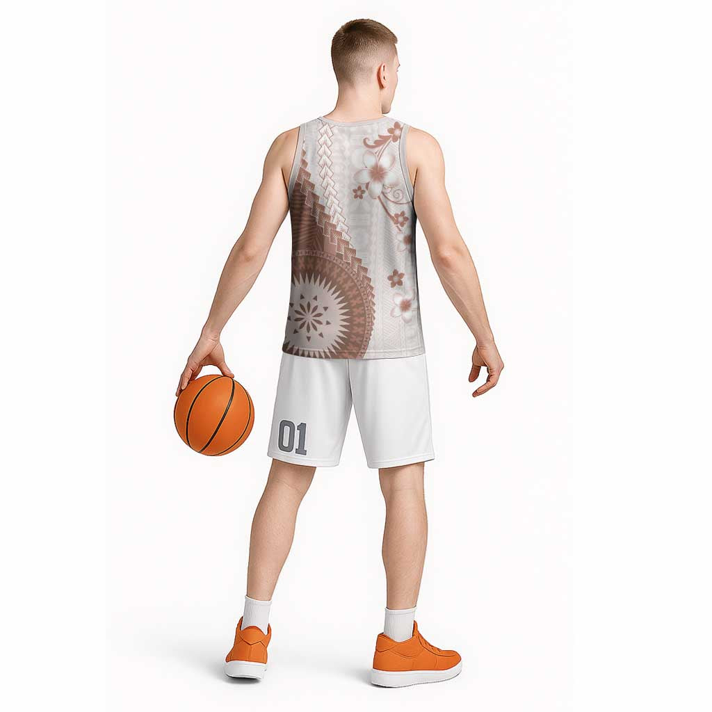 Bula Fiji Basketball Jersey Brown Plumeria Masi Tapa Pattern LT05 - Polynesian Pride