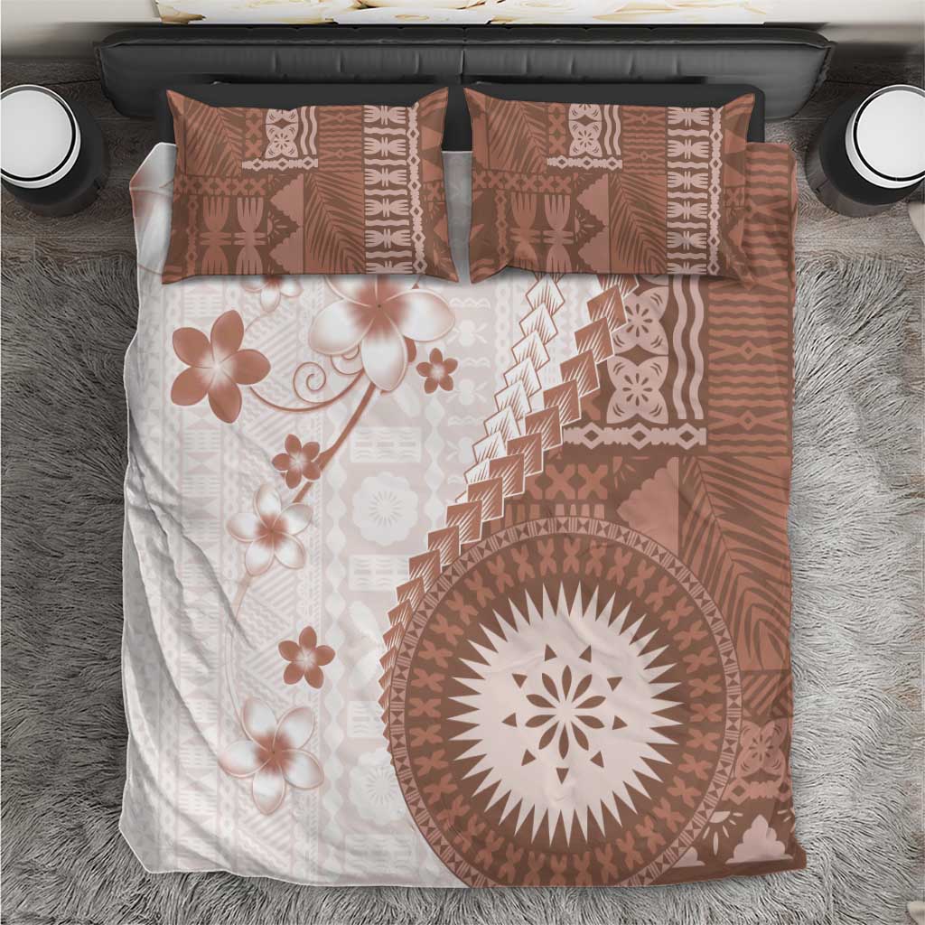 Bula Fiji Bedding Set Brown Plumeria Masi Tapa Pattern - Polynesian Pride