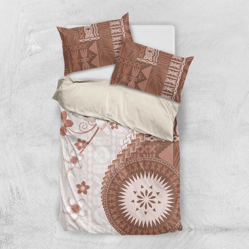 Bula Fiji Bedding Set Brown Plumeria Masi Tapa Pattern - Polynesian Pride