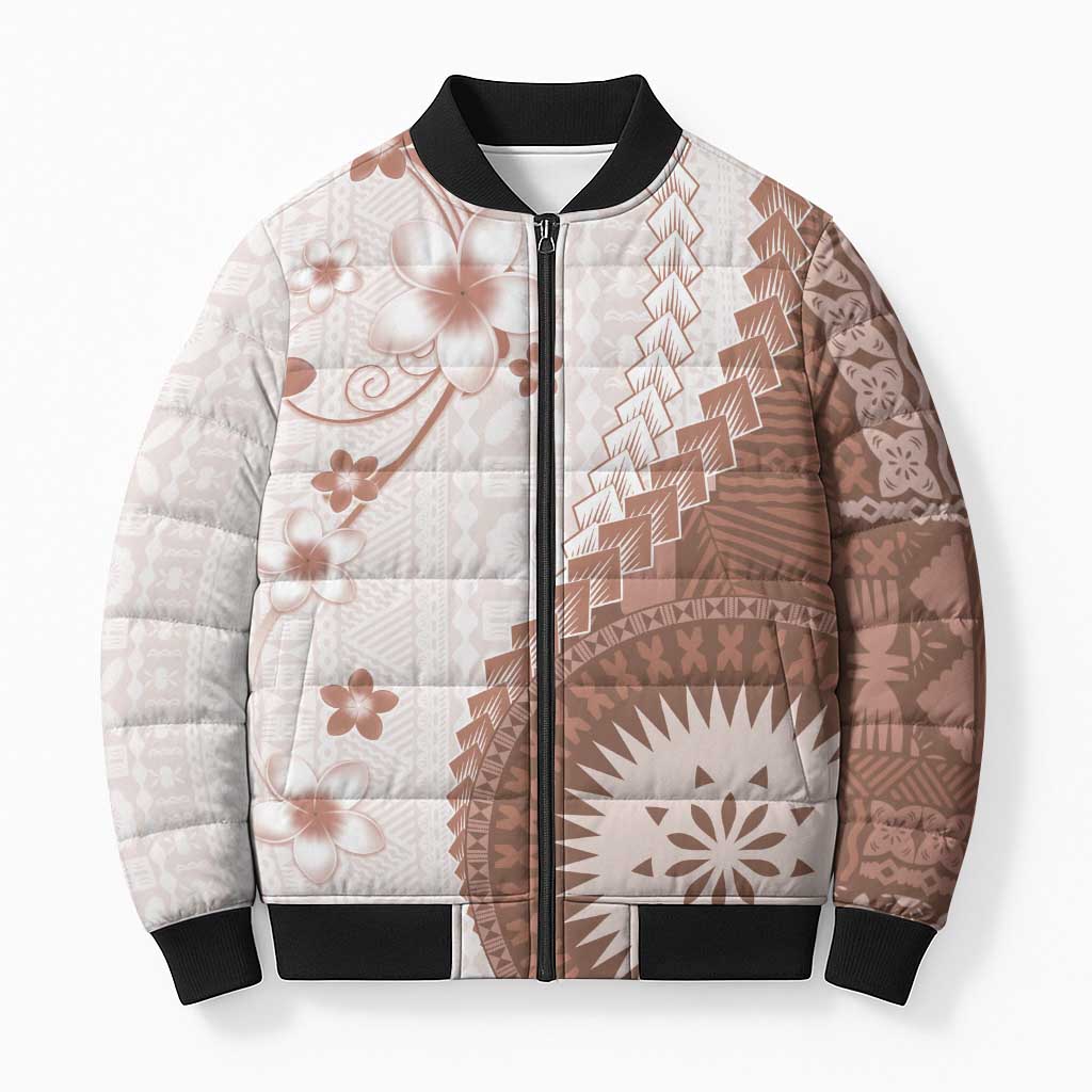 Bula Fiji Bomber Puffer Jacket Brown Plumeria Masi Tapa Pattern - Polynesian Pride