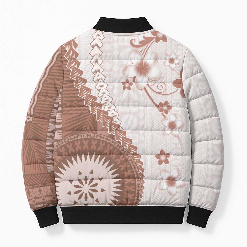 Bula Fiji Bomber Puffer Jacket Brown Plumeria Masi Tapa Pattern - Polynesian Pride
