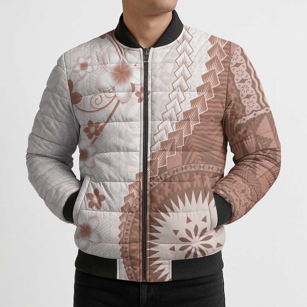 Bula Fiji Bomber Puffer Jacket Brown Plumeria Masi Tapa Pattern - Polynesian Pride
