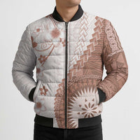 Bula Fiji Bomber Puffer Jacket Brown Plumeria Masi Tapa Pattern - Polynesian Pride