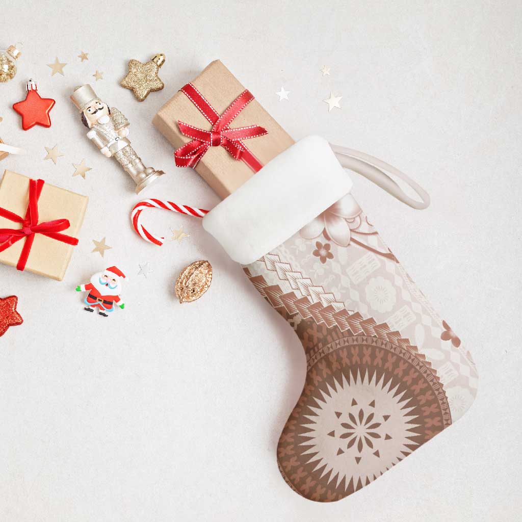 Bula Fiji Christmas Stocking Brown Plumeria Masi Tapa Pattern - Polynesian Pride