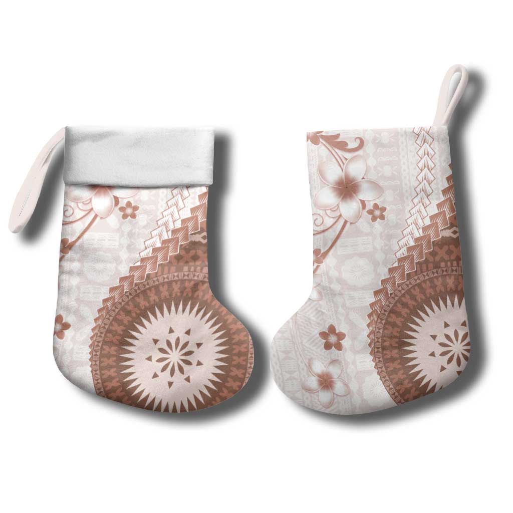 Bula Fiji Christmas Stocking Brown Plumeria Masi Tapa Pattern - Polynesian Pride
