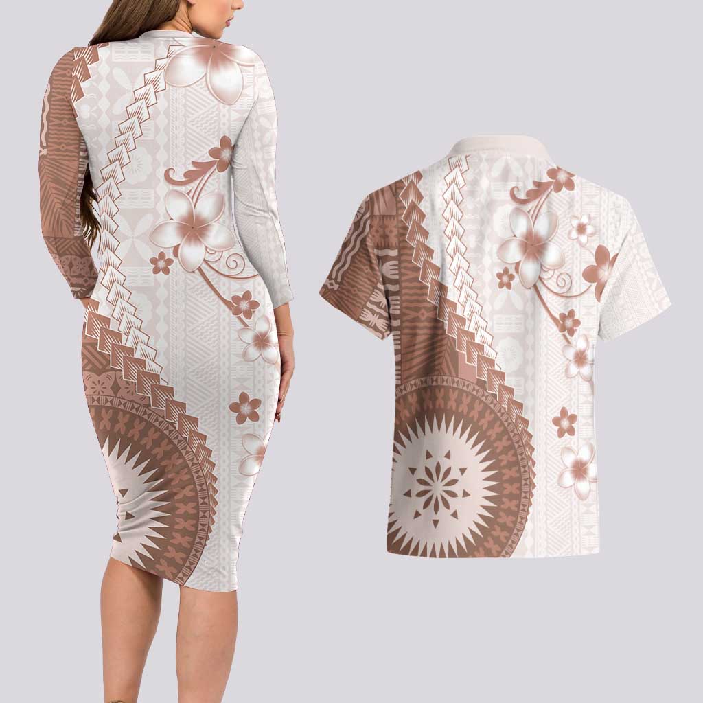 Bula Fiji Couples Matching Long Sleeve Bodycon Dress and Hawaiian Shirt Brown Plumeria Masi Tapa Pattern - Polynesian Pride