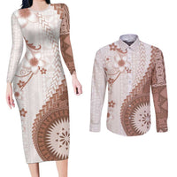 Bula Fiji Couples Matching Long Sleeve Bodycon Dress and Long Sleeve Button Shirt Brown Plumeria Masi Tapa Pattern - Polynesian Pride