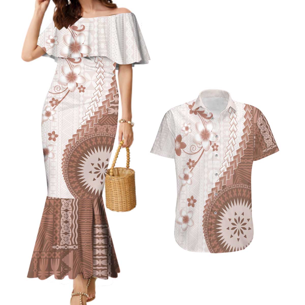 Bula Fiji Couples Matching Mermaid Dress and Hawaiian Shirt Brown Plumeria Masi Tapa Pattern - Polynesian Pride