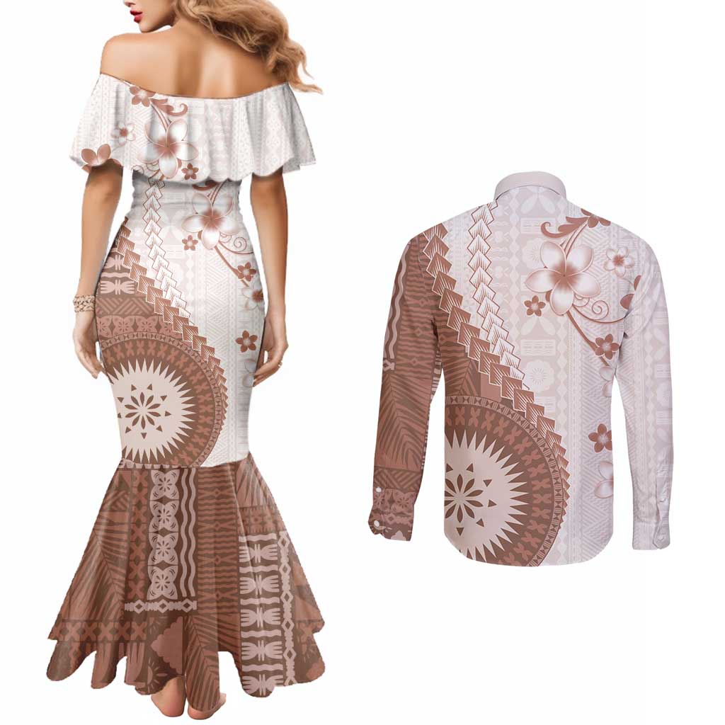 Bula Fiji Couples Matching Mermaid Dress and Long Sleeve Button Shirt Brown Plumeria Masi Tapa Pattern - Polynesian Pride