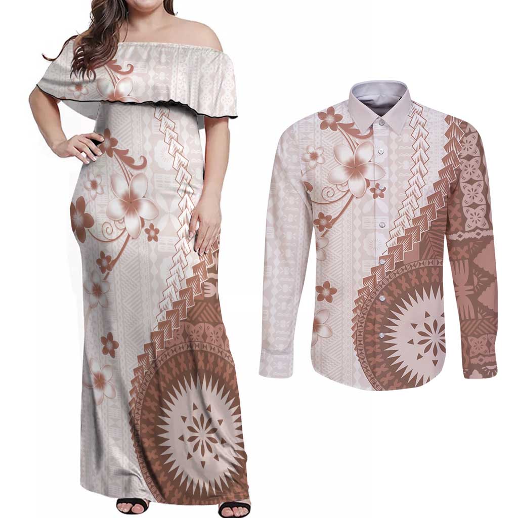 Bula Fiji Couples Matching Off Shoulder Maxi Dress and Long Sleeve Button Shirt Brown Plumeria Masi Tapa Pattern LT05 Brown - Polynesian Pride