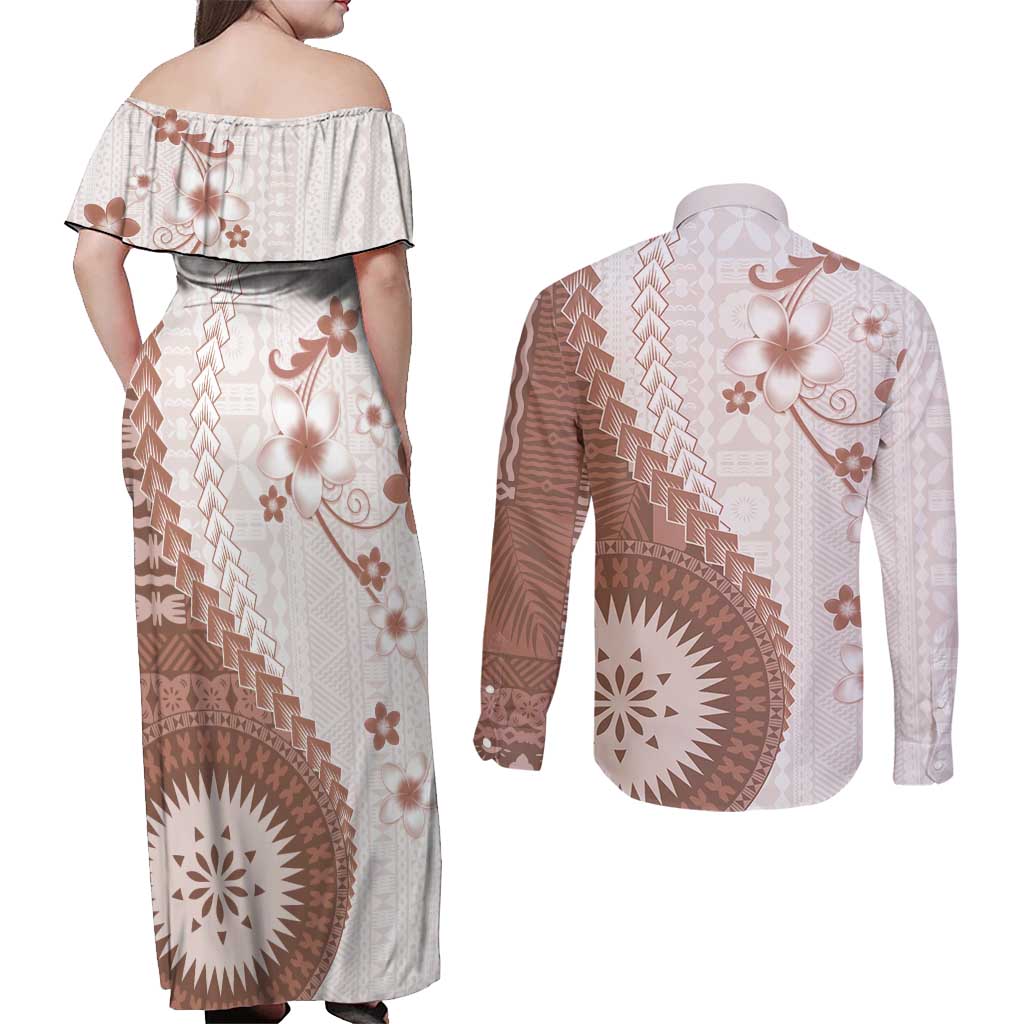 Bula Fiji Couples Matching Off Shoulder Maxi Dress and Long Sleeve Button Shirt Brown Plumeria Masi Tapa Pattern LT05 - Polynesian Pride