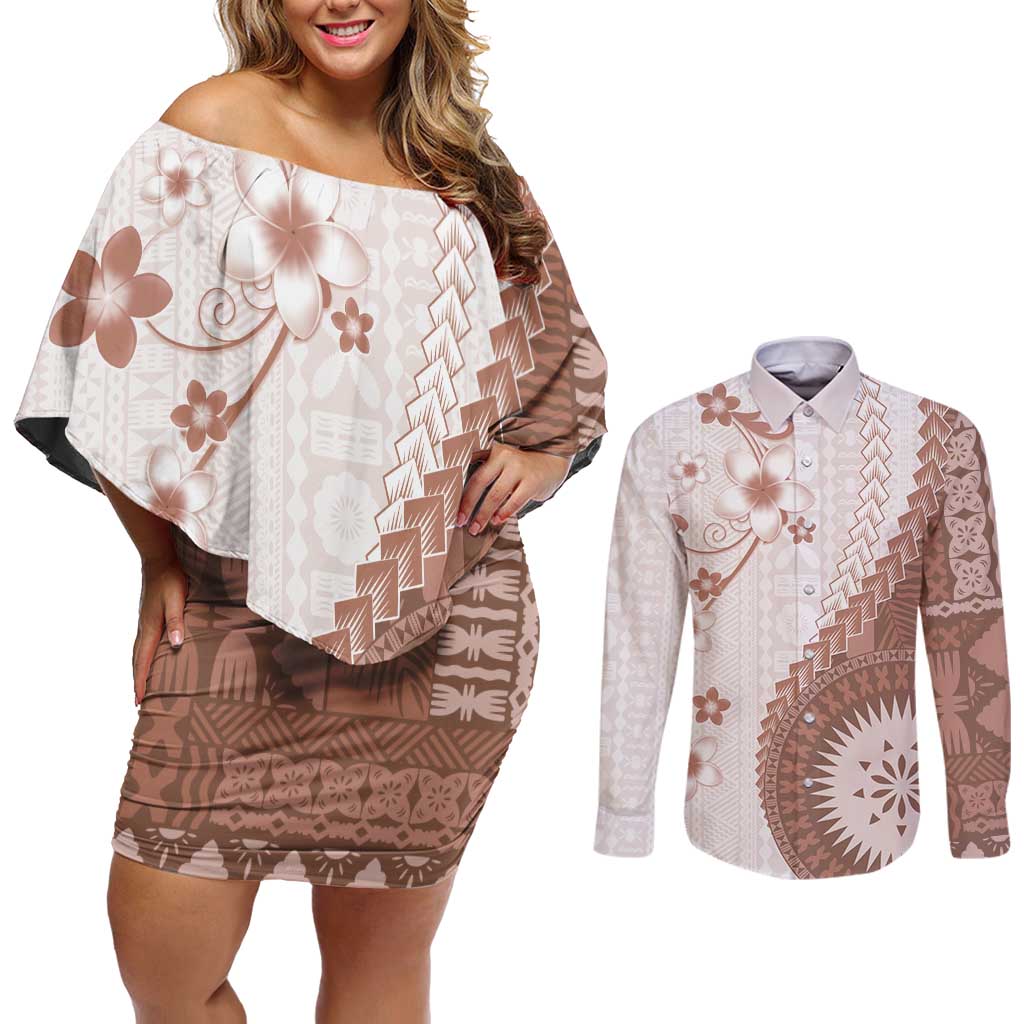 Bula Fiji Couples Matching Off Shoulder Short Dress and Long Sleeve Button Shirt Brown Plumeria Masi Tapa Pattern LT05 Brown - Polynesian Pride