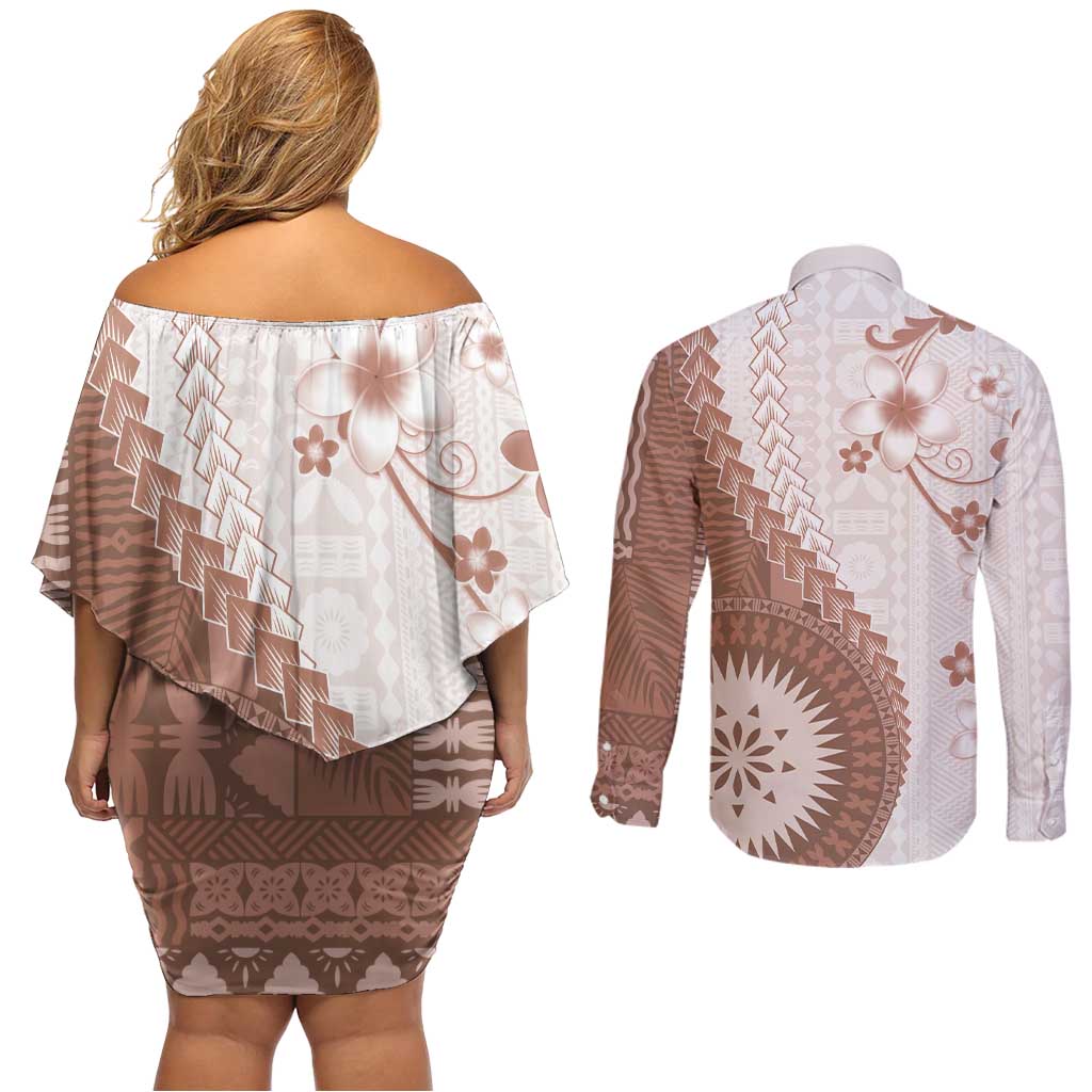 Bula Fiji Couples Matching Off Shoulder Short Dress and Long Sleeve Button Shirt Brown Plumeria Masi Tapa Pattern LT05 - Polynesian Pride