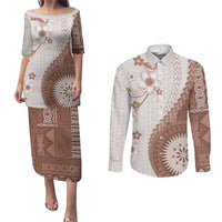 Bula Fiji Couples Matching Puletasi and Long Sleeve Button Shirt Brown Plumeria Masi Tapa Pattern LT05 Brown - Polynesian Pride