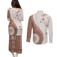Bula Fiji Couples Matching Puletasi and Long Sleeve Button Shirt Brown Plumeria Masi Tapa Pattern LT05 - Polynesian Pride