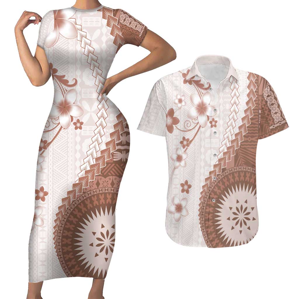 Bula Fiji Couples Matching Short Sleeve Bodycon Dress and Hawaiian Shirt Brown Plumeria Masi Tapa Pattern - Polynesian Pride