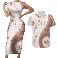 Bula Fiji Couples Matching Short Sleeve Bodycon Dress and Hawaiian Shirt Brown Plumeria Masi Tapa Pattern - Polynesian Pride