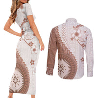 Bula Fiji Couples Matching Short Sleeve Bodycon Dress and Long Sleeve Button Shirt Brown Plumeria Masi Tapa Pattern - Polynesian Pride