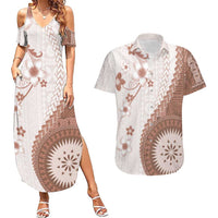 Bula Fiji Couples Matching Summer Maxi Dress and Hawaiian Shirt Brown Plumeria Masi Tapa Pattern - Polynesian Pride