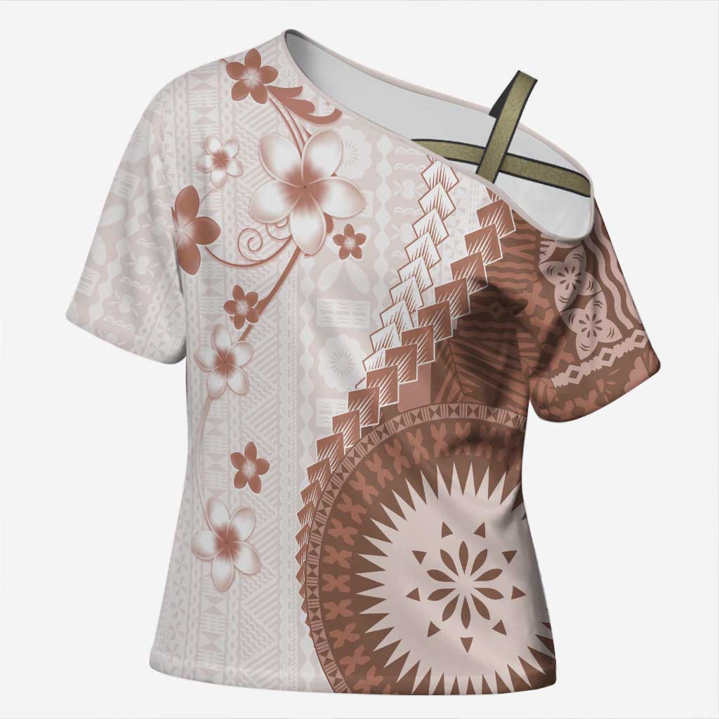 Bula Fiji Cross Shoulder Shirt Brown Plumeria Masi Tapa Pattern - Polynesian Pride