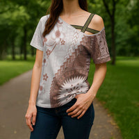 Bula Fiji Cross Shoulder Shirt Brown Plumeria Masi Tapa Pattern - Polynesian Pride