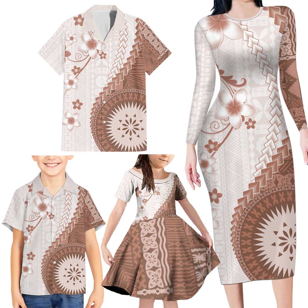 Bula Fiji Family Matching Long Sleeve Bodycon Dress and Hawaiian Shirt Brown Plumeria Masi Tapa Pattern - Polynesian Pride