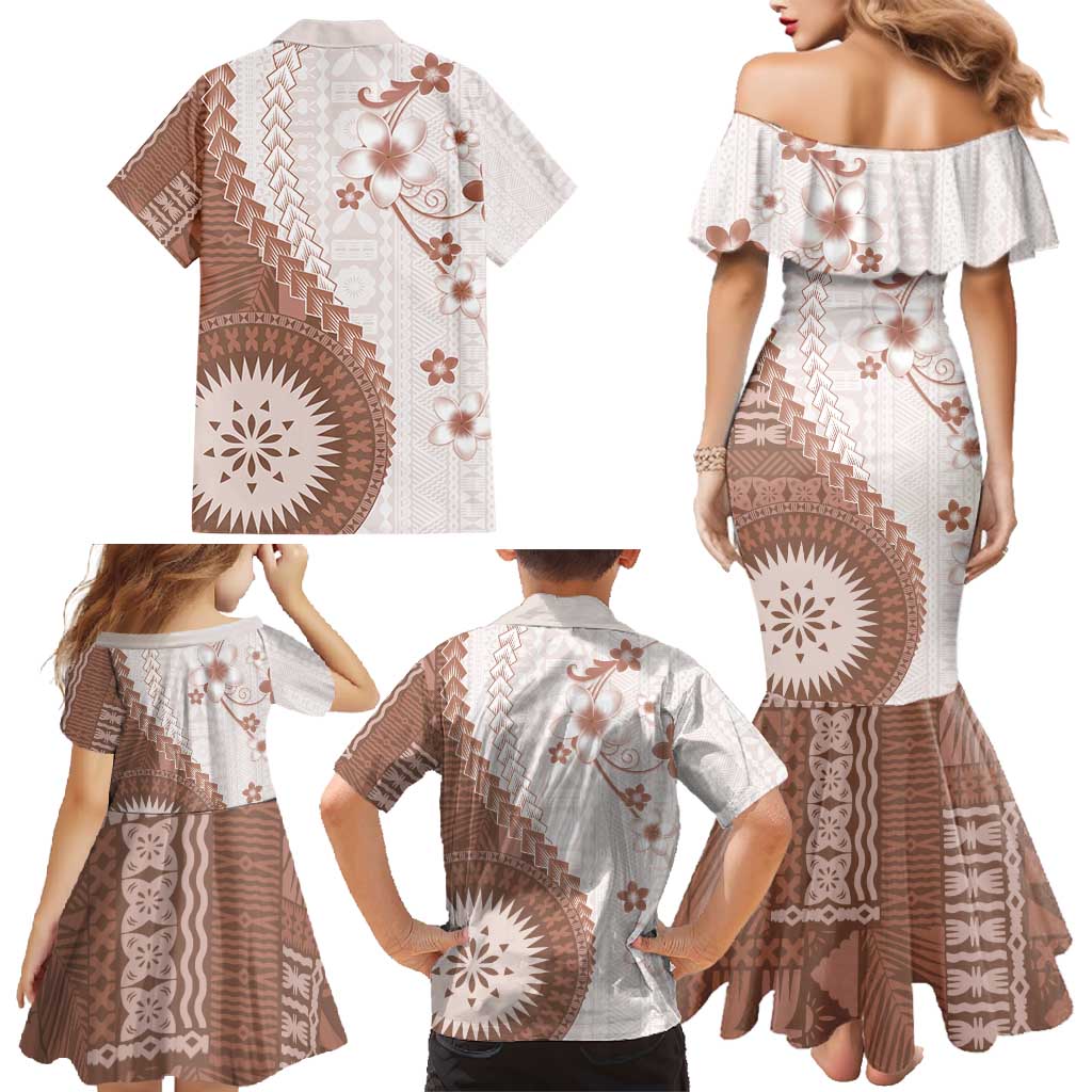Bula Fiji Family Matching Mermaid Dress and Hawaiian Shirt Brown Plumeria Masi Tapa Pattern - Polynesian Pride