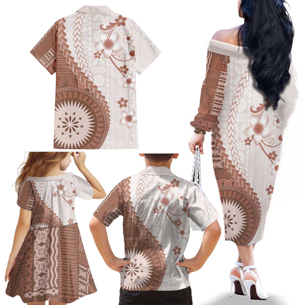Bula Fiji Family Matching Off The Shoulder Long Sleeve Dress and Hawaiian Shirt Brown Plumeria Masi Tapa Pattern - Polynesian Pride