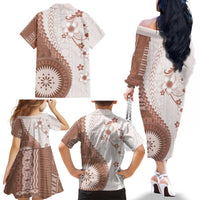 Bula Fiji Family Matching Off The Shoulder Long Sleeve Dress and Hawaiian Shirt Brown Plumeria Masi Tapa Pattern - Polynesian Pride