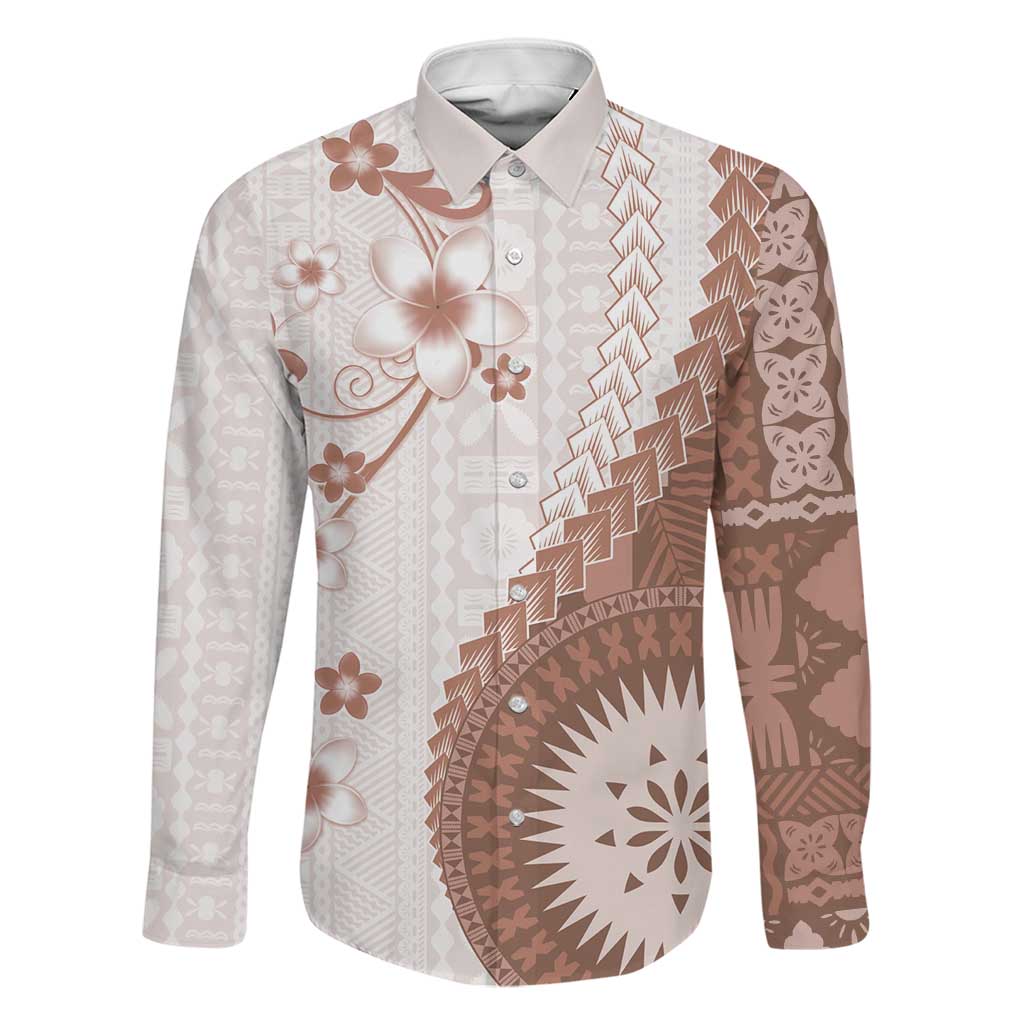 Bula Fiji Family Matching Off Shoulder Maxi Dress and Hawaiian Shirt Brown Plumeria Masi Tapa Pattern LT05 Dad's Shirt - Long Sleeve Brown - Polynesian Pride
