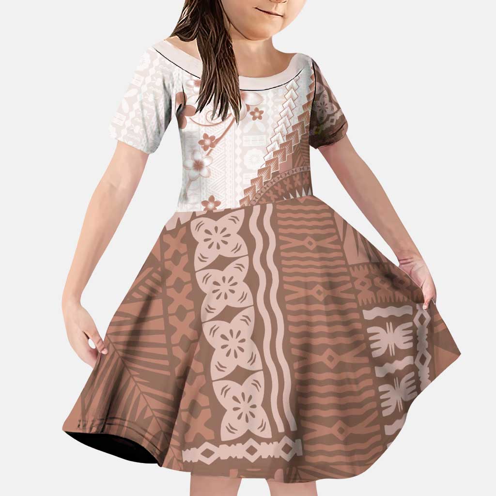 Bula Fiji Family Matching Puletasi and Hawaiian Shirt Brown Plumeria Masi Tapa Pattern LT05 Daughter's Dress Brown - Polynesian Pride