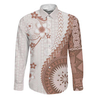 Bula Fiji Family Matching Puletasi and Hawaiian Shirt Brown Plumeria Masi Tapa Pattern LT05 Dad's Shirt - Long Sleeve Brown - Polynesian Pride