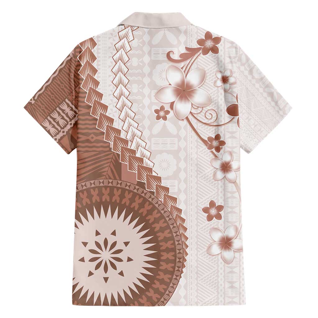 Bula Fiji Family Matching Short Sleeve Bodycon Dress and Hawaiian Shirt Brown Plumeria Masi Tapa Pattern - Polynesian Pride