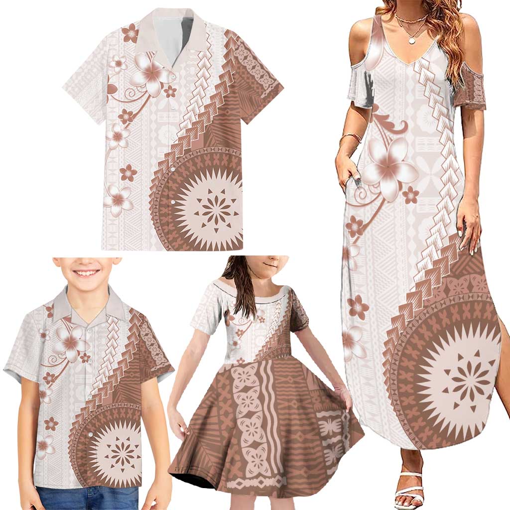 Bula Fiji Family Matching Summer Maxi Dress and Hawaiian Shirt Brown Plumeria Masi Tapa Pattern - Polynesian Pride