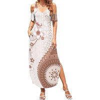 Bula Fiji Family Matching Summer Maxi Dress and Hawaiian Shirt Brown Plumeria Masi Tapa Pattern - Polynesian Pride