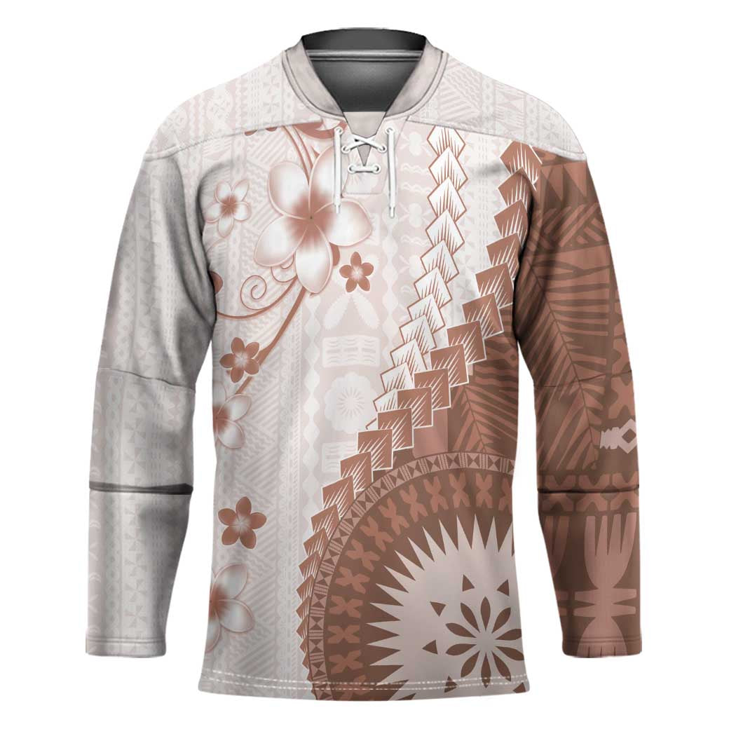 Bula Fiji Hockey Jersey Brown Plumeria Masi Tapa Pattern - Polynesian Pride