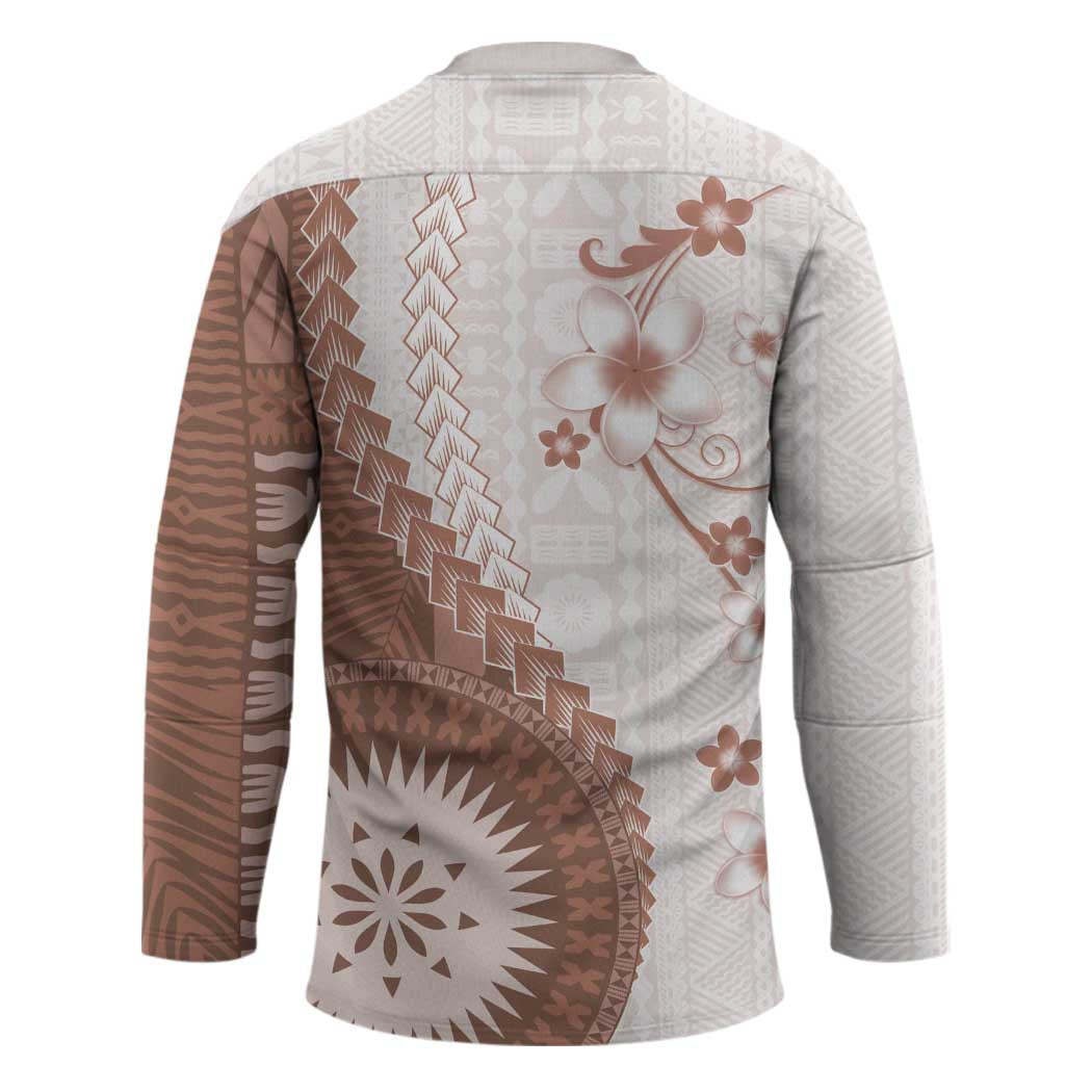 Bula Fiji Hockey Jersey Brown Plumeria Masi Tapa Pattern - Polynesian Pride